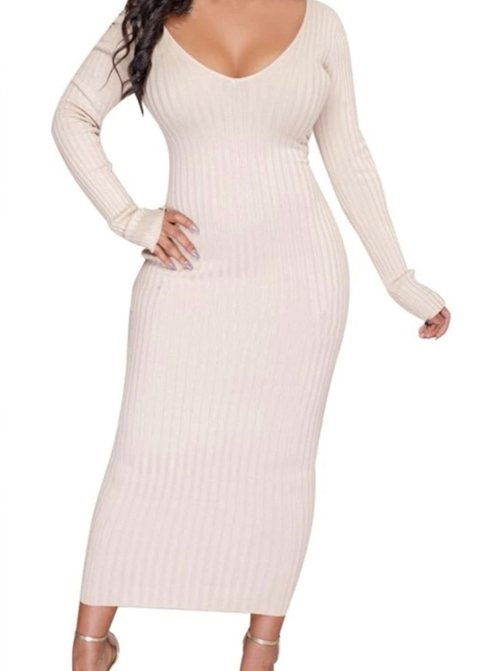 Long Sleeve Scoop Neck Ribbed Maxi Dress - Cream